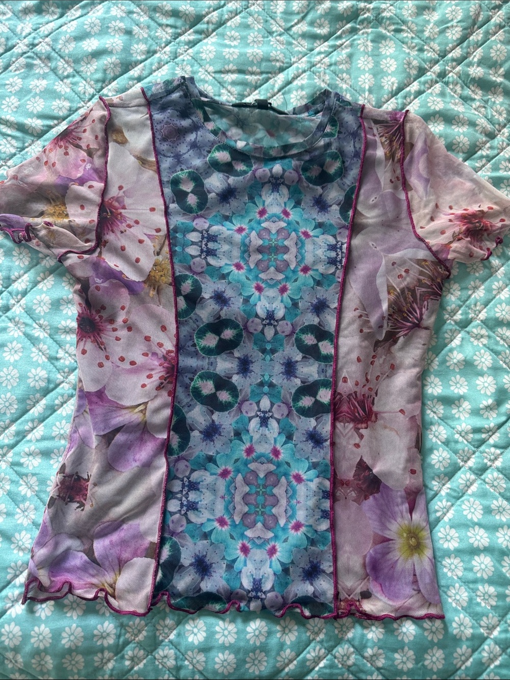 Desigual Floral Mesh Short-Sleeve Top in Purple and Teal